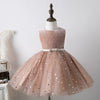 فستان أميرة من التول بطول الشاي مستدير للفتيات الصغيرات باللون الشمبانيا