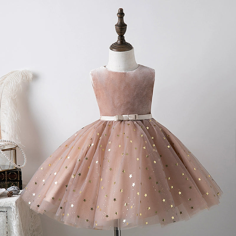 Princess Champagne Tulle Back Zip Baptism Sequins Tea Length Sleeveless Round Flower Girl Dress