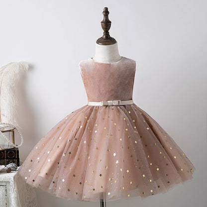 Princess Champagne Tulle Back Zip Baptism Sequins Tea Length Sleeveless Round Flower Girl Dress