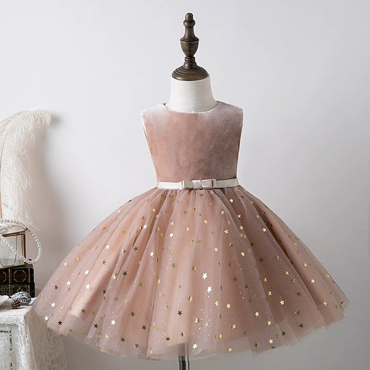 Princess Champagne Tulle Back Zip Baptism Sequins Tea Length Sleeveless Round Flower Girl Dress