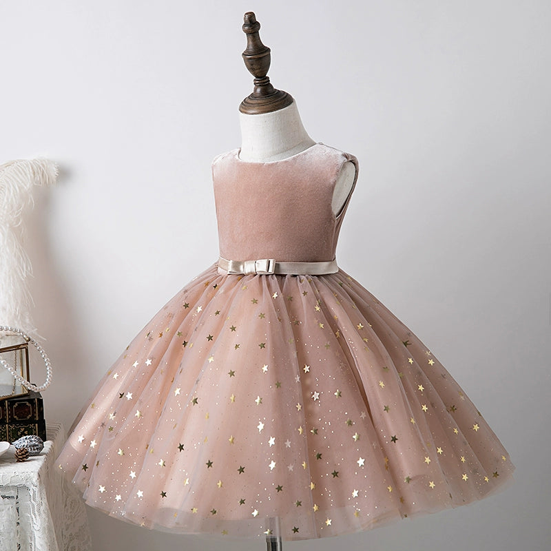 Princess Champagne Tulle Back Zip Baptism Sequins Tea Length Sleeveless Round Flower Girl Dress