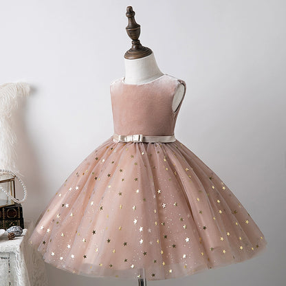 Princess Champagne Tulle Back Zip Baptism Sequins Tea Length Sleeveless Round Flower Girl Dress