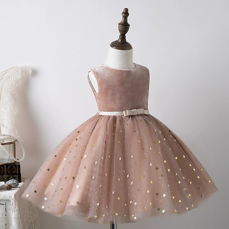 Princess Champagne Tulle Back Zip Baptism Sequins Tea Length Sleeveless Round Flower Girl Dress