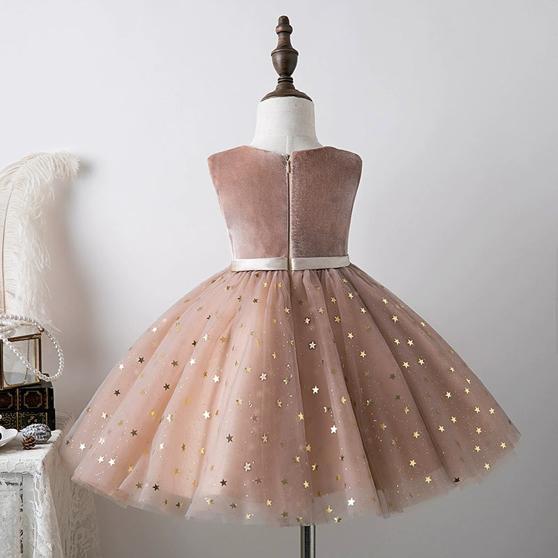 Princess Champagne Tulle Back Zip Baptism Sequins Tea Length Sleeveless Round Flower Girl Dress
