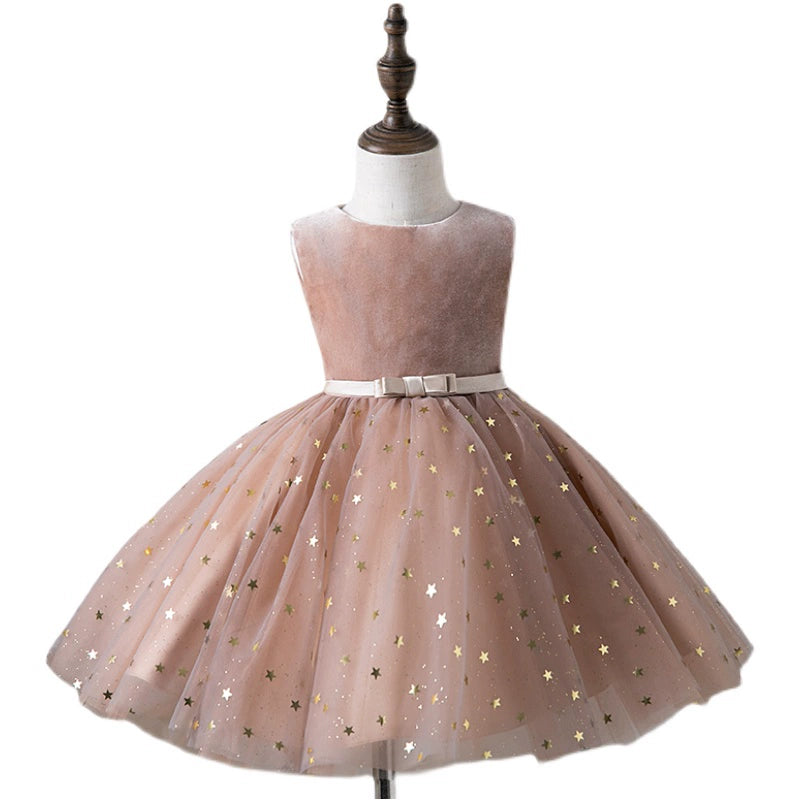 Princess Champagne Tulle Back Zip Baptism Sequins Tea Length Sleeveless Round Flower Girl Dress