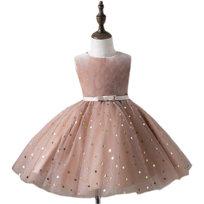 Princess Champagne Tulle Back Zip Baptism Sequins Tea Length Sleeveless Round Flower Girl Dress