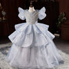 Princess Round Floor Length Organza Flower Girl Dress in Dusty Blue