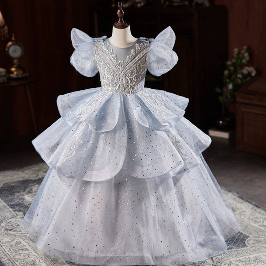 Princess Dusty Blue Organza Crossed Straps Baptism Lace Floor Length Short Sleeve Puff Sleeve Round Flower Girl Dress