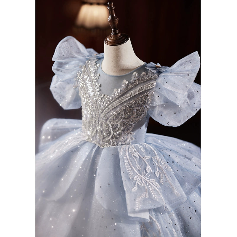 Princess Dusty Blue Organza Crossed Straps Baptism Lace Floor Length Short Sleeve Puff Sleeve Round Flower Girl Dress