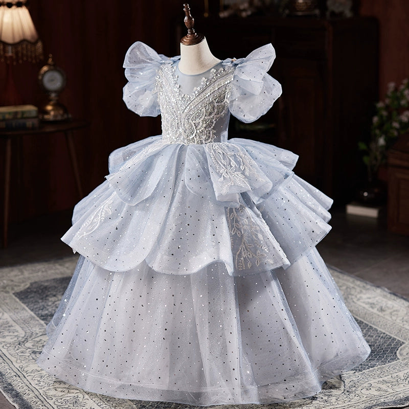 Princess Dusty Blue Organza Crossed Straps Baptism Lace Floor Length Short Sleeve Puff Sleeve Round Flower Girl Dress