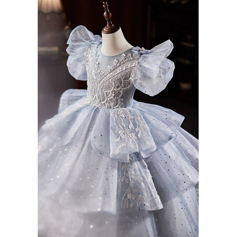 Princess Dusty Blue Organza Crossed Straps Baptism Lace Floor Length Short Sleeve Puff Sleeve Round Flower Girl Dress