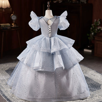 Princess Dusty Blue Organza Crossed Straps Baptism Lace Floor Length Short Sleeve Puff Sleeve Round Flower Girl Dress