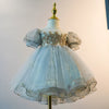 Princess Round Tea Length Tulle Flower Girl Dress in Dusty Blue