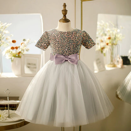 Princess Dusty Blue Tulle Back Zip Baptism Bow(s) Tea Length Short Sleeve Round Flower Girl Dress