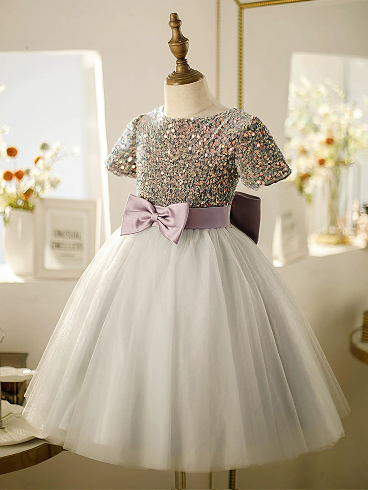 Princess Dusty Blue Tulle Back Zip Baptism Bow(s) Tea Length Short Sleeve Round Flower Girl Dress