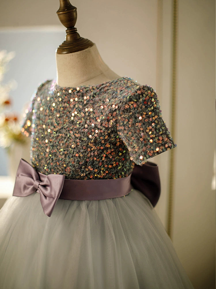 Princess Dusty Blue Tulle Back Zip Baptism Bow(s) Tea Length Short Sleeve Round Flower Girl Dress