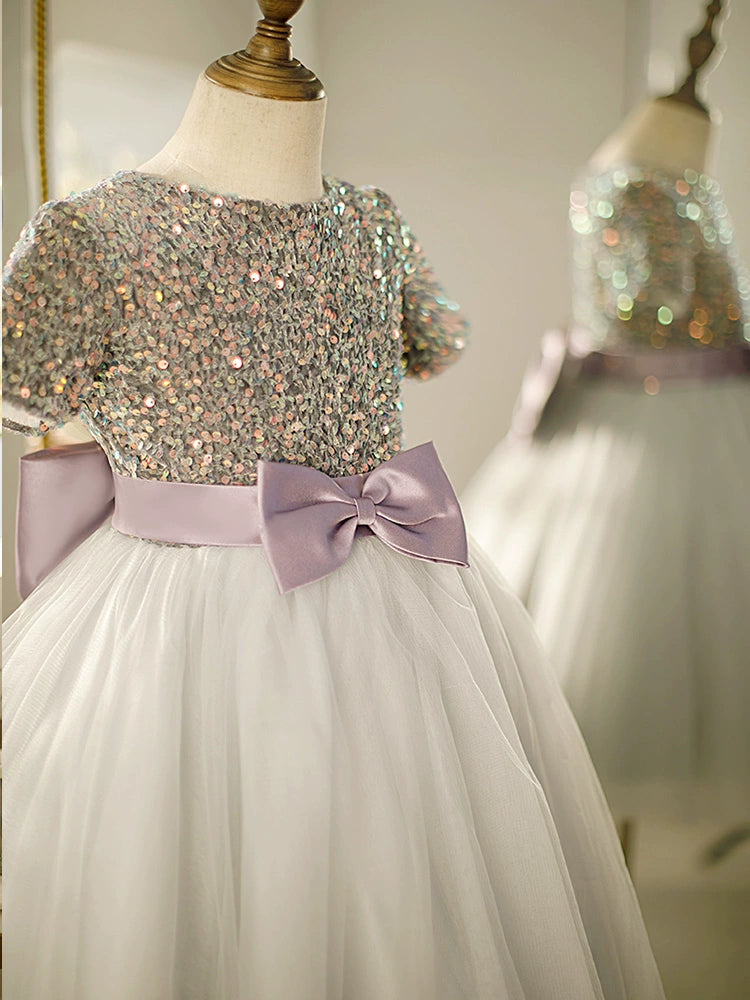 Princess Dusty Blue Tulle Back Zip Baptism Bow(s) Tea Length Short Sleeve Round Flower Girl Dress