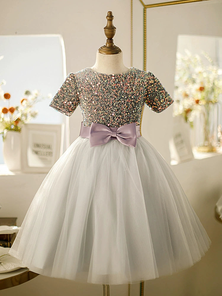 Princess Dusty Blue Tulle Back Zip Baptism Bow(s) Tea Length Short Sleeve Round Flower Girl Dress