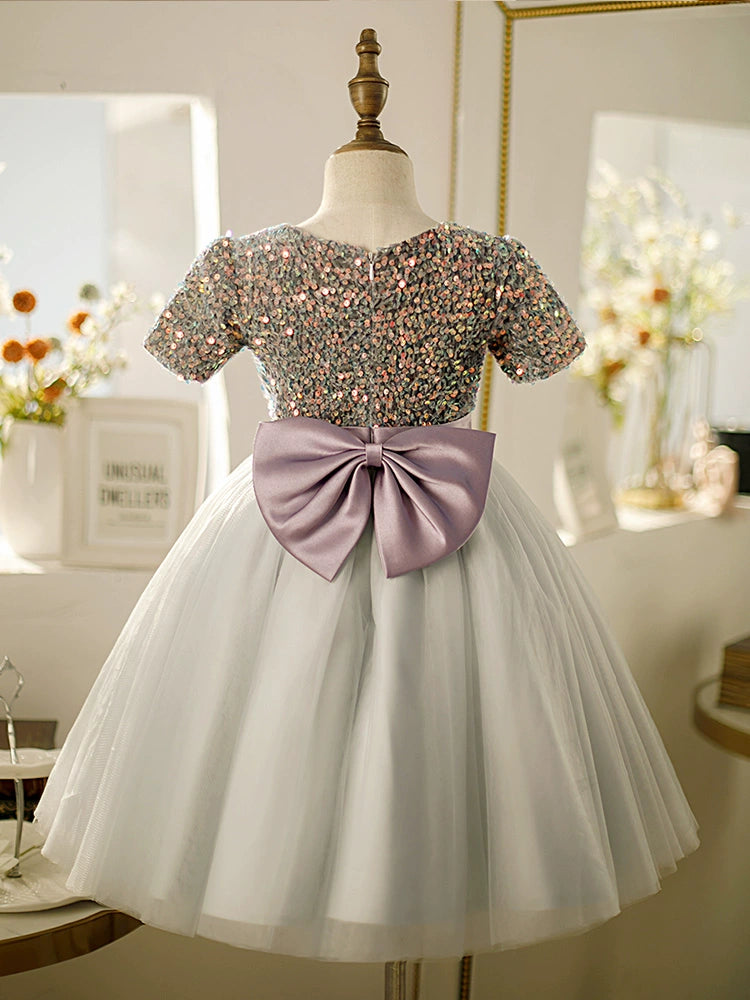 Princess Dusty Blue Tulle Back Zip Baptism Bow(s) Tea Length Short Sleeve Round Flower Girl Dress