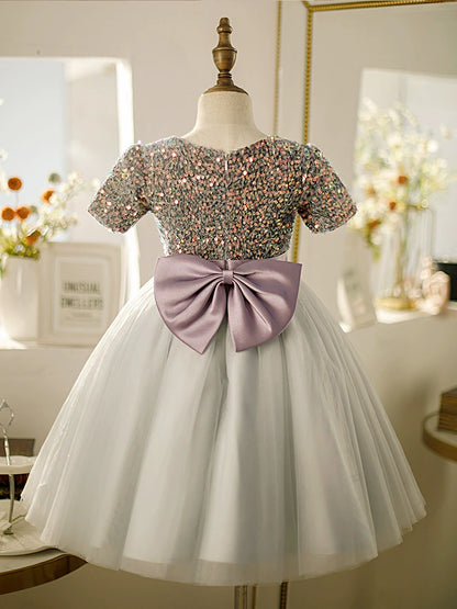 Princess Dusty Blue Tulle Back Zip Baptism Bow(s) Tea Length Short Sleeve Round Flower Girl Dress