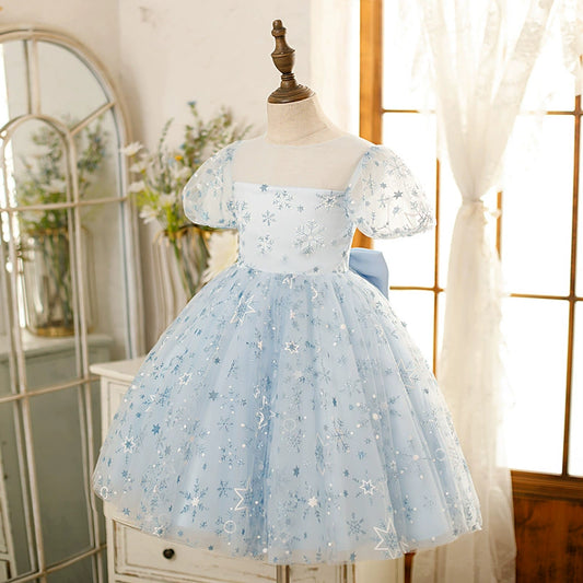 Princess Dusty Blue Tulle Back Zip Baptism Cascading Ruffles Tea Length Short Sleeve Puff Sleeve Square Flower Girl Dress
