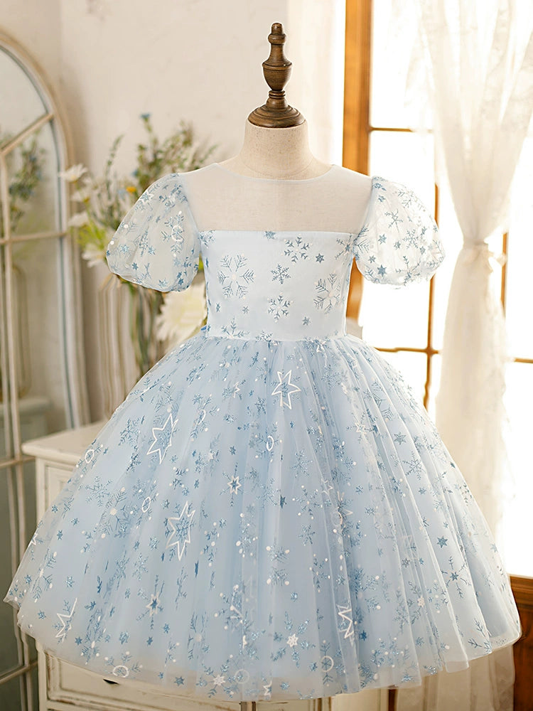 Princess Dusty Blue Tulle Back Zip Baptism Cascading Ruffles Tea Length Short Sleeve Puff Sleeve Square Flower Girl Dress