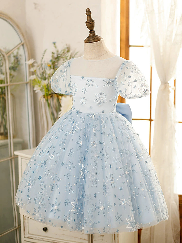 Princess Dusty Blue Tulle Back Zip Baptism Cascading Ruffles Tea Length Short Sleeve Puff Sleeve Square Flower Girl Dress