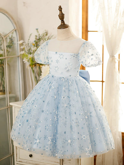 Princess Dusty Blue Tulle Back Zip Baptism Cascading Ruffles Tea Length Short Sleeve Puff Sleeve Square Flower Girl Dress