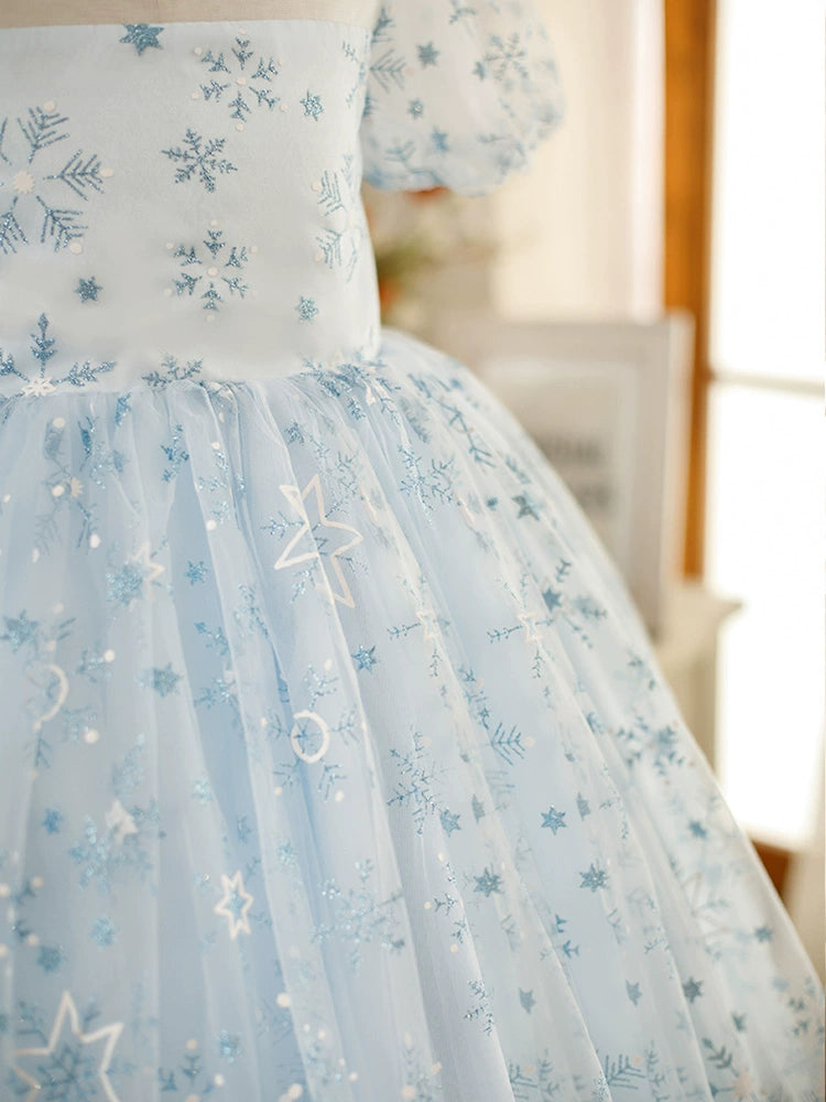 Princess Dusty Blue Tulle Back Zip Baptism Cascading Ruffles Tea Length Short Sleeve Puff Sleeve Square Flower Girl Dress