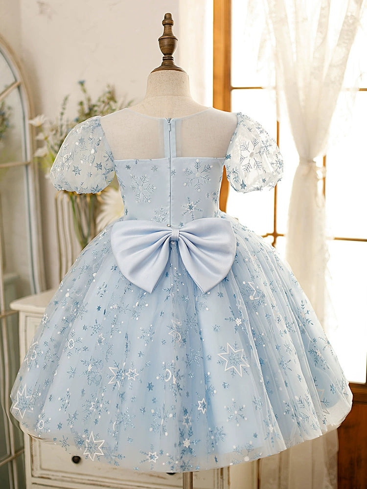 Princess Dusty Blue Tulle Back Zip Baptism Cascading Ruffles Tea Length Short Sleeve Puff Sleeve Square Flower Girl Dress