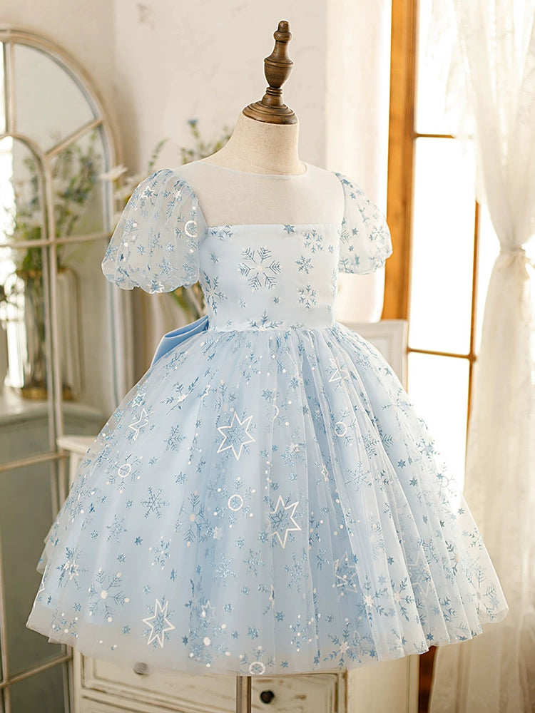 Princess Dusty Blue Tulle Back Zip Baptism Cascading Ruffles Tea Length Short Sleeve Puff Sleeve Square Flower Girl Dress