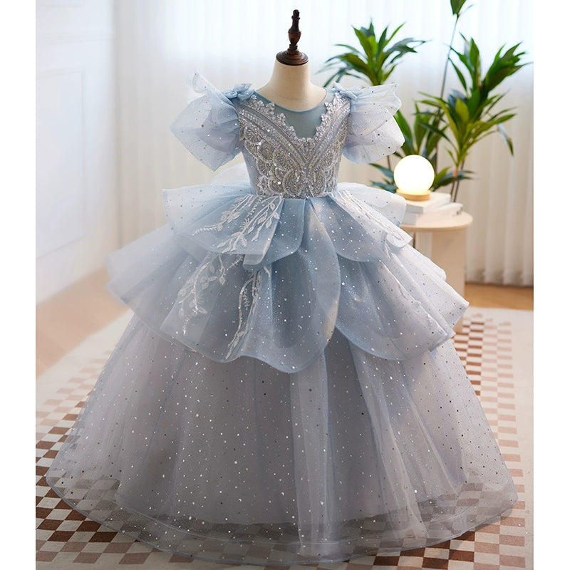Princess Dusty Blue Tulle Crossed Straps Baptism Cascading Ruffles Floor Length Long Sleeve Puff Sleeve Round Flower Girl Dress