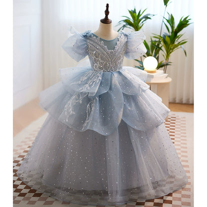 Princess Dusty Blue Tulle Crossed Straps Baptism Cascading Ruffles Floor Length Long Sleeve Puff Sleeve Round Flower Girl Dress