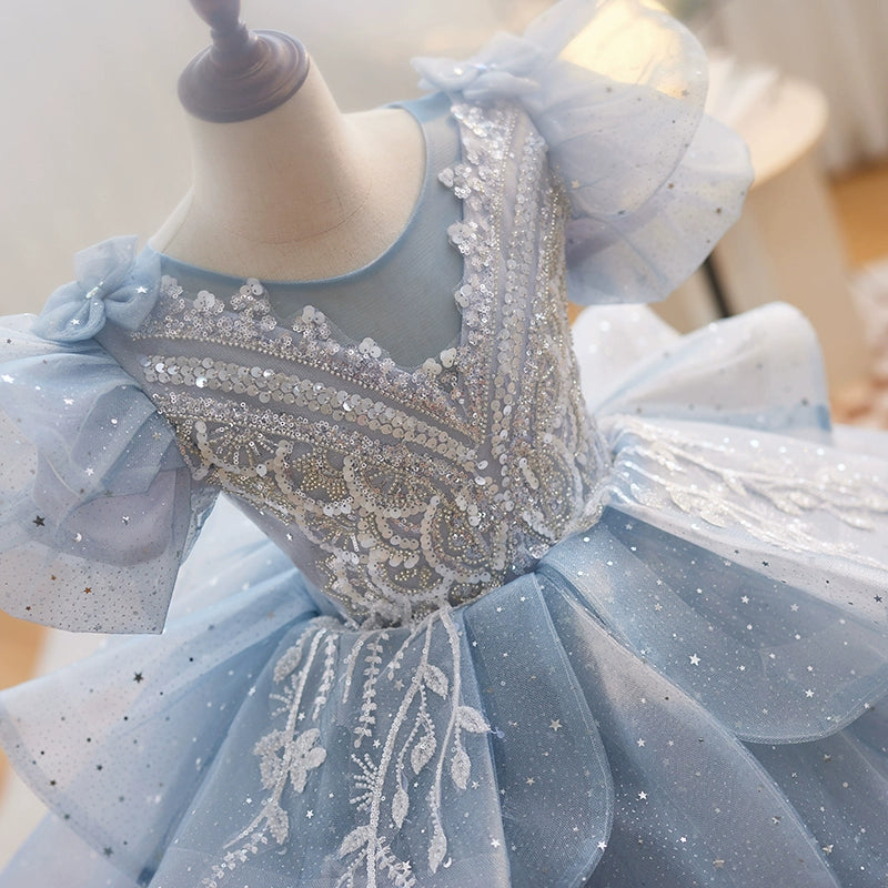 Princess Dusty Blue Tulle Crossed Straps Baptism Cascading Ruffles Floor Length Long Sleeve Puff Sleeve Round Flower Girl Dress