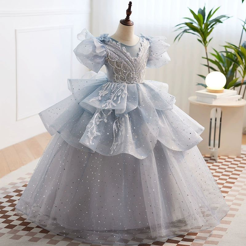 Princess Dusty Blue Tulle Crossed Straps Baptism Cascading Ruffles Floor Length Long Sleeve Puff Sleeve Round Flower Girl Dress