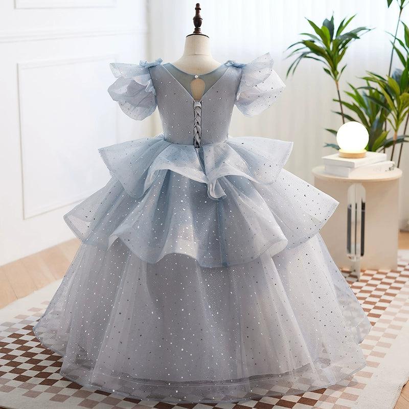 Princess Dusty Blue Tulle Crossed Straps Baptism Cascading Ruffles Floor Length Long Sleeve Puff Sleeve Round Flower Girl Dress