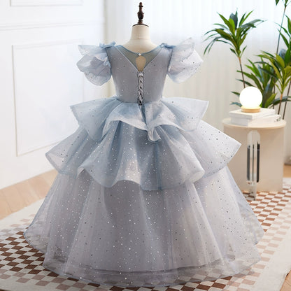 Princess Dusty Blue Tulle Crossed Straps Baptism Cascading Ruffles Floor Length Long Sleeve Puff Sleeve Round Flower Girl Dress