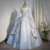 Princess Mock Neck Floor Length Tulle Flower Girl Dress in Dusty Blue