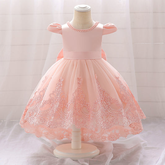 Princess Dusty Rose Satin Back Zip Baptism Lace Tea Length Short Sleeve Cap Sleeve Jewel Neck Flower Girl Dress