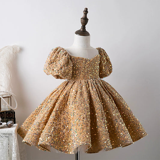 Princess Gold Sequined Back Zip Baptism Sequins Tea Length Short Sleeve Puff Sleeve Round Flower Girl Dress