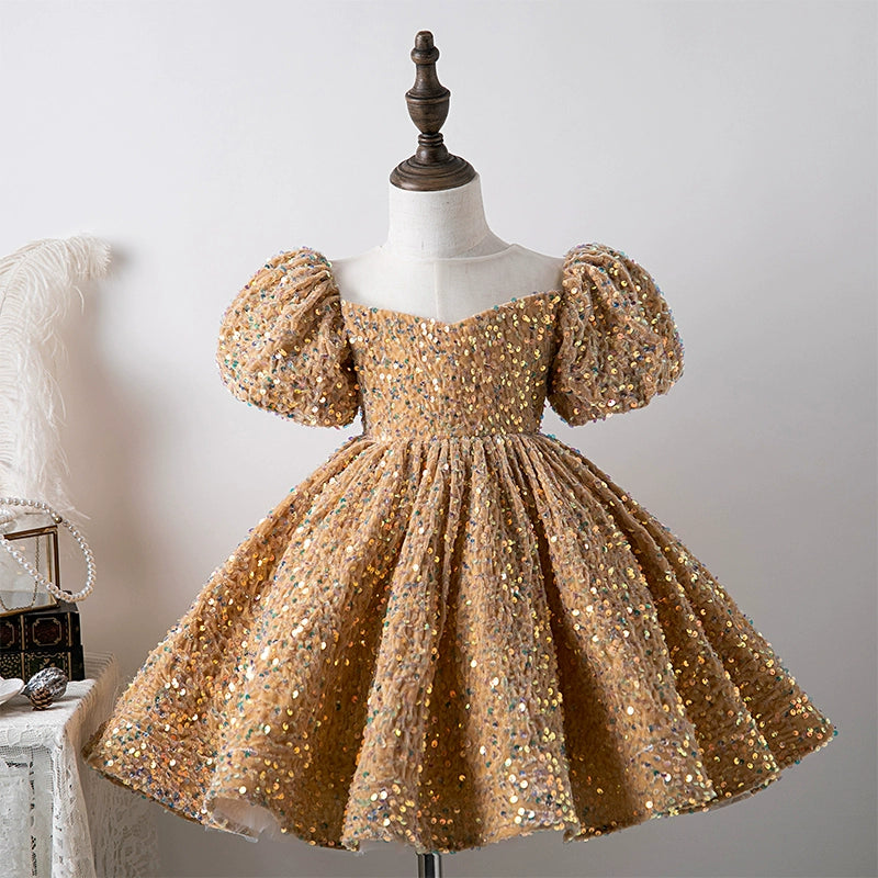 Princess Gold Sequined Back Zip Baptism Sequins Tea Length Short Sleeve Puff Sleeve Round Flower Girl Dress
