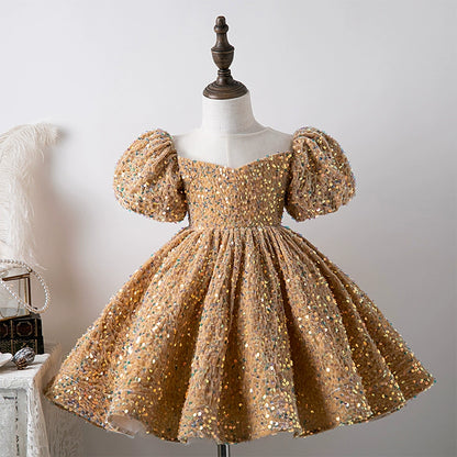 Princess Gold Sequined Back Zip Baptism Sequins Tea Length Short Sleeve Puff Sleeve Round Flower Girl Dress