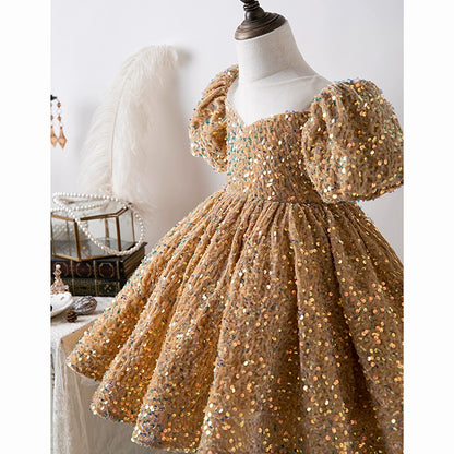 Princess Gold Sequined Back Zip Baptism Sequins Tea Length Short Sleeve Puff Sleeve Round Flower Girl Dress