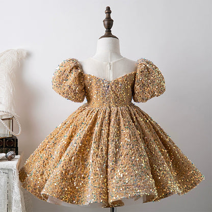 Princess Gold Sequined Back Zip Baptism Sequins Tea Length Short Sleeve Puff Sleeve Round Flower Girl Dress