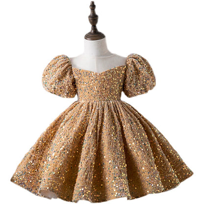 Princess Gold Sequined Back Zip Baptism Sequins Tea Length Short Sleeve Puff Sleeve Round Flower Girl Dress