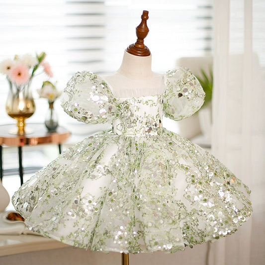 Princess Green Sequined Back Zip Baptism Sequins Short Sleeve Puff Sleeve Round Flower Girl Dress