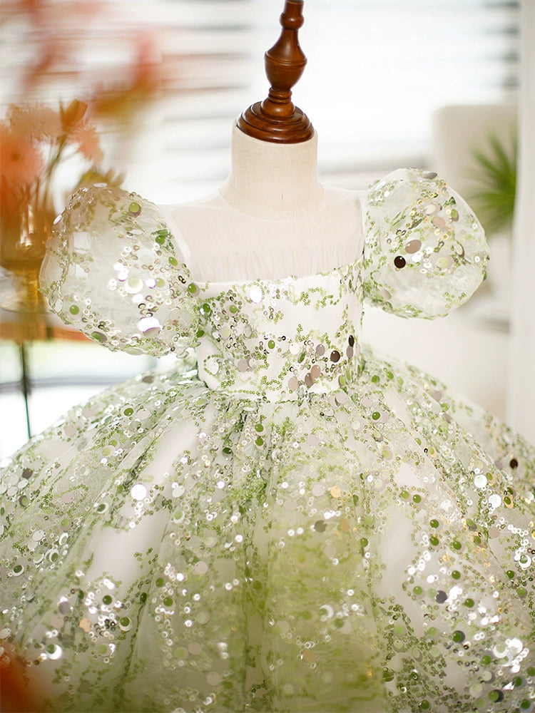 Princess Green Sequined Back Zip Baptism Sequins Short Sleeve Puff Sleeve Round Flower Girl Dress