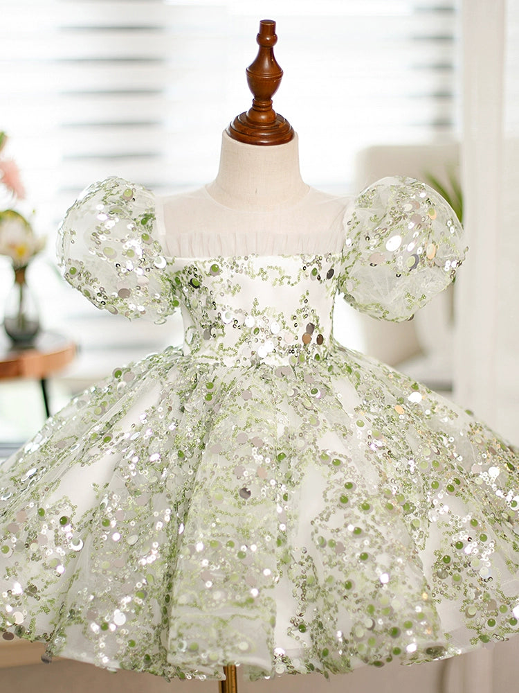 Princess Green Sequined Back Zip Baptism Sequins Short Sleeve Puff Sleeve Round Flower Girl Dress
