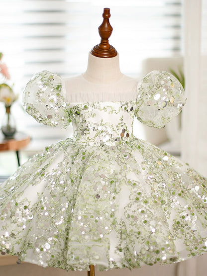 Princess Green Sequined Back Zip Baptism Sequins Short Sleeve Puff Sleeve Round Flower Girl Dress