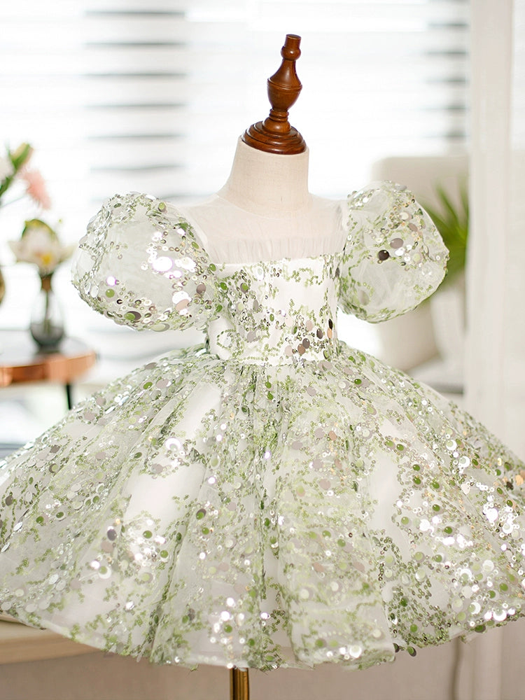 Princess Green Sequined Back Zip Baptism Sequins Short Sleeve Puff Sleeve Round Flower Girl Dress